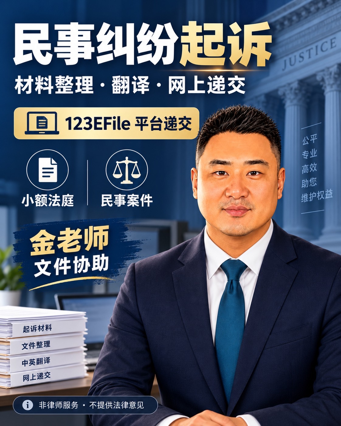 金老师：民事纠纷材料整理、翻译与网上递交协助